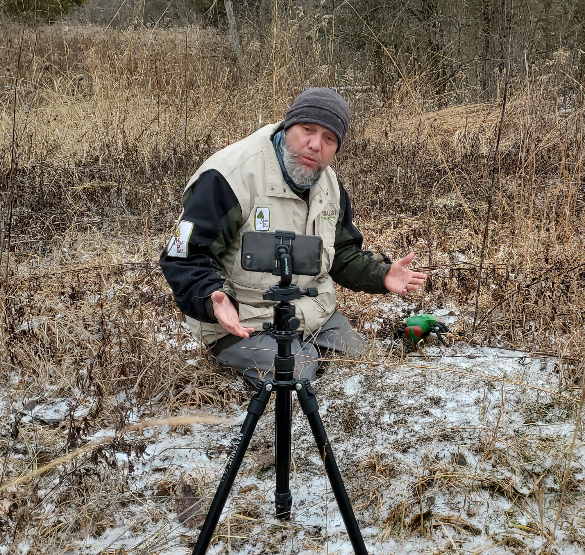 Naturalist in a field during winter